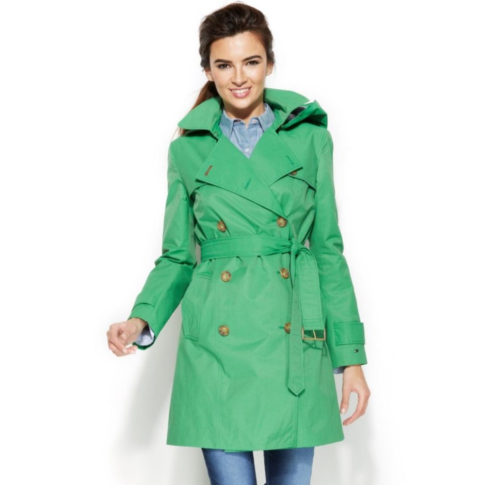 NWOT Tommy Hilfiger Green Hooded Double-Breasted Belted Trench Coat  Petite XS